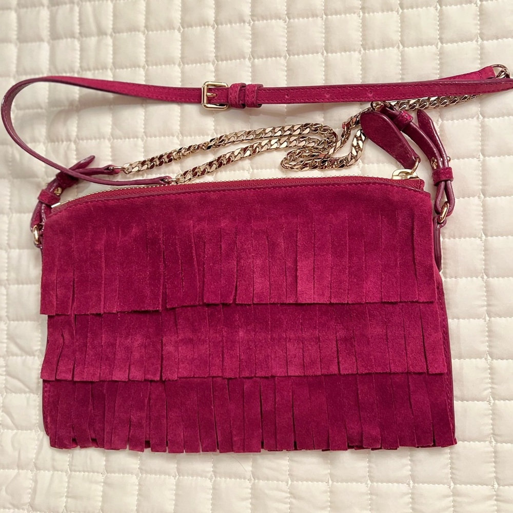 Burberry Peyton Suede Magenta Fringe Crossbody Bag - Picture 9 of 10